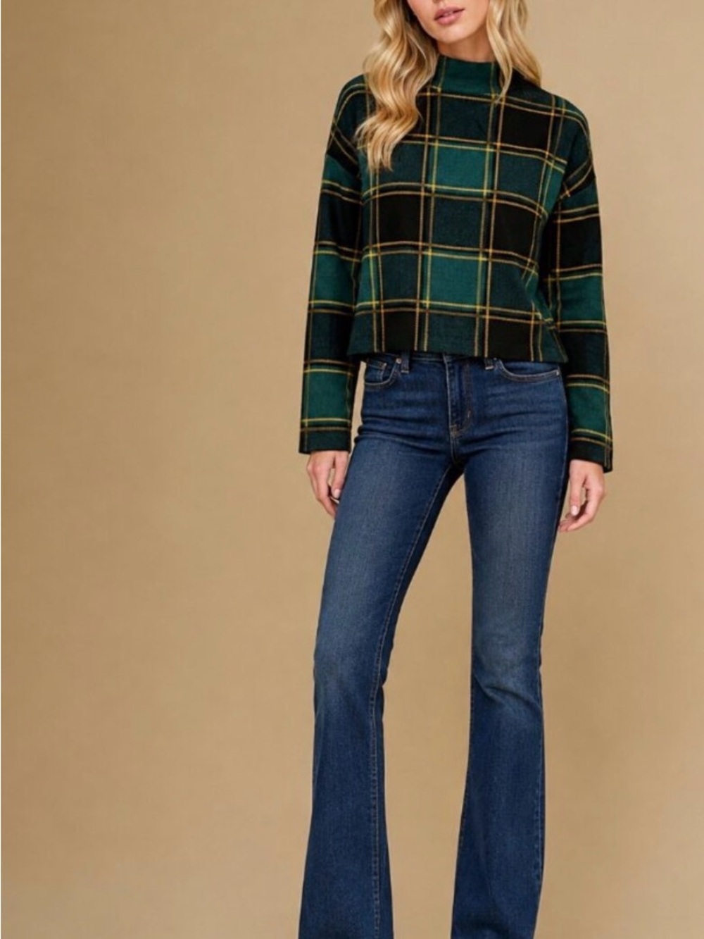 Tahari Plaid Preppy Old Money Mock Neck Sweater in Green black And Gold Sz M UEC